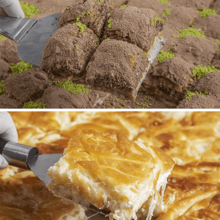 aynı fotoğrafta bulunan soğuk baklava ve peynirli su böreği